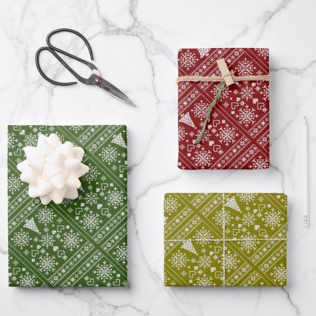 Christmas Lover Cross Pattern Sampler Design Wrapping Paper Sheet (Front)