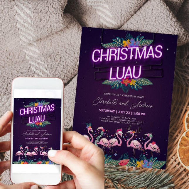 Christmas Luau Neon Flamingo Invitation Card (Christmas Luau Neon Flamingo Invitation)