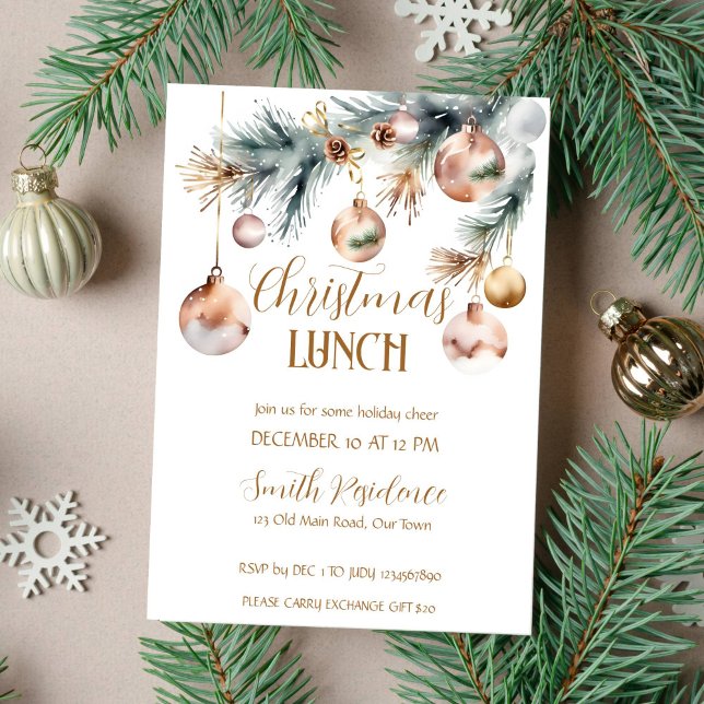 Christmas lunch party snowy boho watercolor  invitation (Christmas lunch party snowy boho watercolor invitation template instant download rose gold baubles)