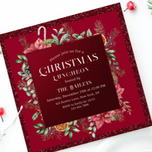 Christmas Luncheon Burgundy Glitter Poinsettia Invitation