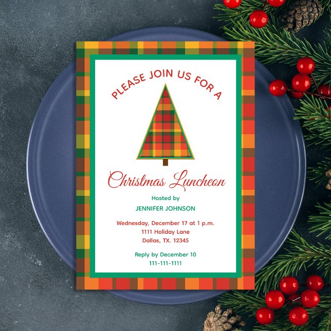 Christmas Luncheon Colourful Plaid Christmas Tree Invitation (Creator Uploaded)