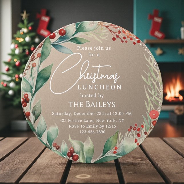 Christmas Luncheon Glitter Winter Floral Wreath Invitation (Creator Uploaded)