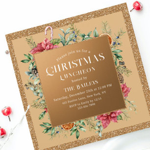 Christmas Luncheon Gold Glitter Poinsettia Invitation