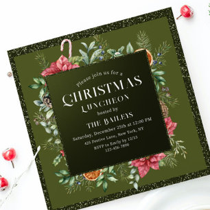 Christmas Luncheon Green Glitter Poinsettia Invitation