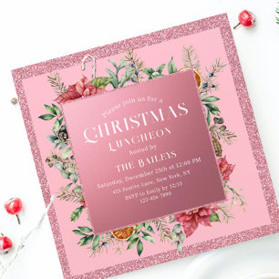 Christmas Luncheon Pink Glitter Poinsettia Invitation