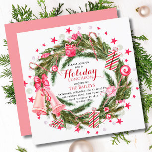 Christmas Luncheon Pink Green Evergreen Wreath Invitation