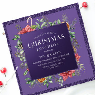 Christmas Luncheon Purple Glitter Poinsettia Invitation