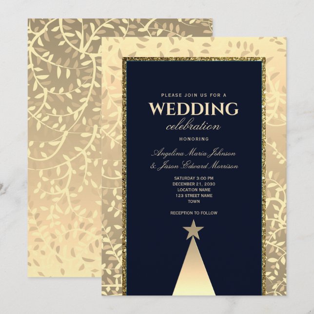 Christmas Luxury Gold Navy Blue Wedding Invitation (Front/Back)