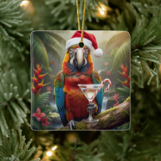 Christmas Macaw Parrot With Martini Cocktail Ceramic Ornament