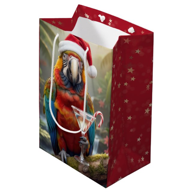 Christmas Macaw Parrot With Martini Cocktail Medium Gift Bag (Front Angled)