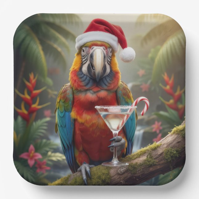 Christmas Macaw Parrot With Martini Cocktail Paper Plate (Front)