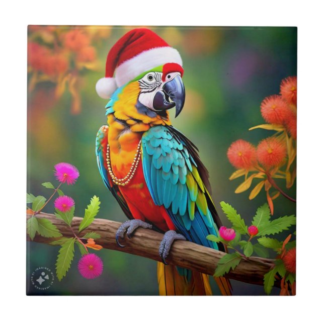 Christmas Macaw Wearing A Santa Hat-56485  Ceramic Tile (Front)