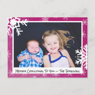 Christmas Magenta Snowflakes Family Photo Card