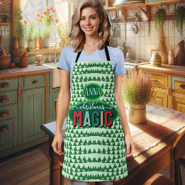 Christmas Magic Calligraphy Green Pine Trees Funky Apron