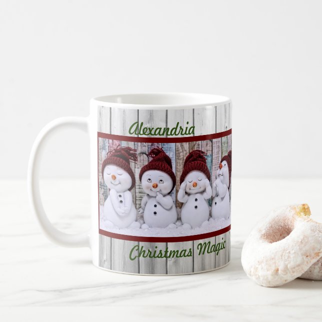 Christmas Magic Four Cute Snowmen Happy Holidays  Coffee Mug (With Donut)