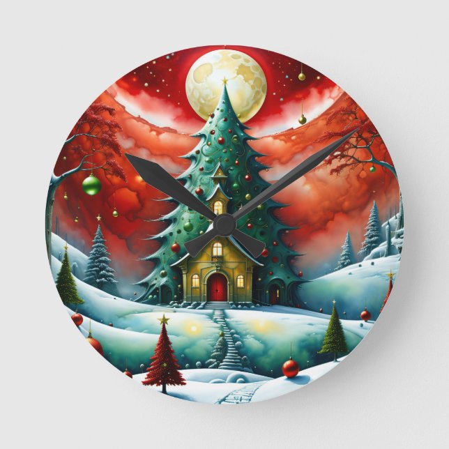 Christmas magic, modern, red, green,  round clock (Front)