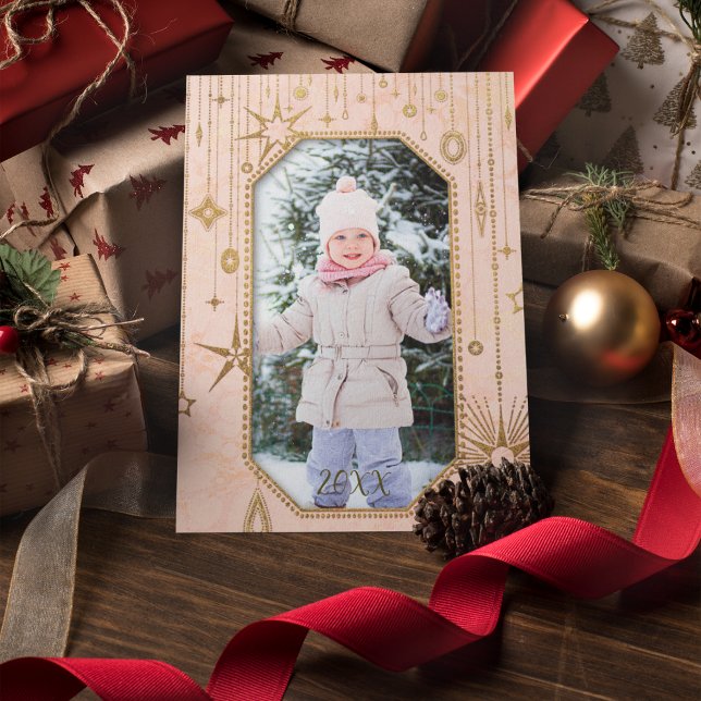 Christmas Magic Pink Gold Stars Photo Holiday Card (Christmas Magic Pink Gold Stars Holiday Card - 1 Photo)