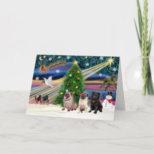 Christmas Magic Pugs (three, 2 fawn, 1 black) Holiday Card