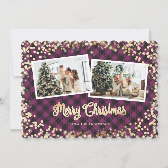 Christmas Magic Purple Plaid Gold Photo Holiday Card (Front)