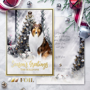 Christmas Magic, Sable Rough Collie Dog & Lambs - Foil Holiday Card