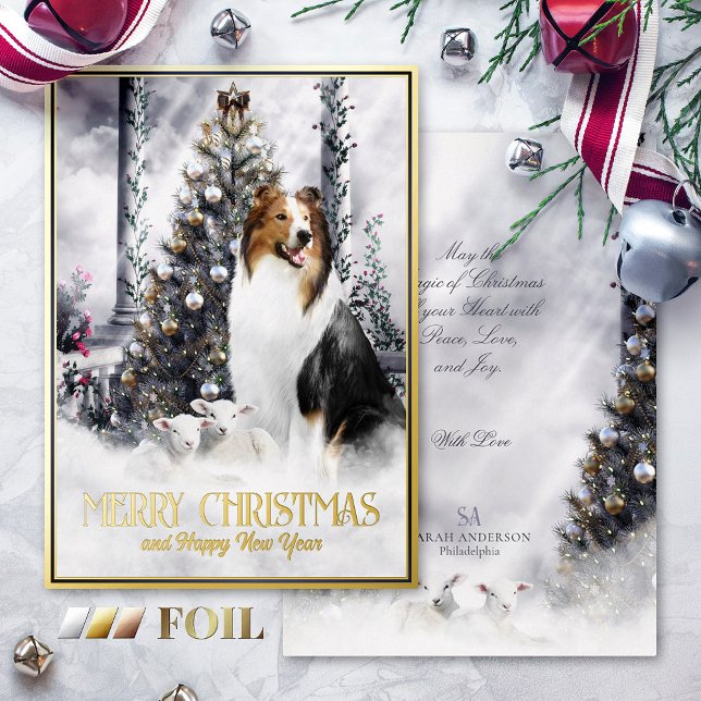 Christmas Magic, Saddleback Rough Collie & Lambs - Foil Holiday Card (Creator Uploaded)