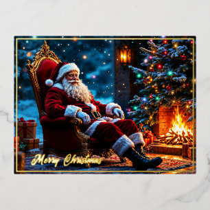 Christmas magic Santa Claus cosy fireplace Foil Holiday Postcard