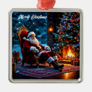 Christmas magic Santa Claus cosy fireplace  Metal Ornament
