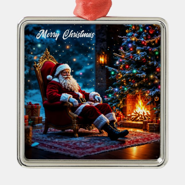 Christmas magic Santa Claus cosy fireplace  Metal Ornament (Front)