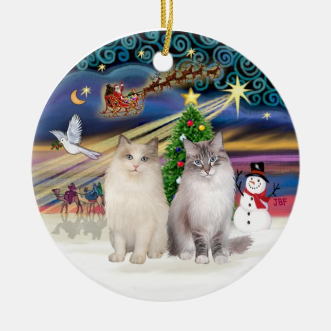 Christmas Magic - Two Ragdoll cats Ceramic Tree Decoration (Front)