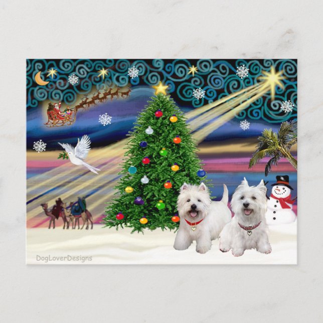 Christmas Magic West Highland Terrier (two) Holiday Postcard (Front)
