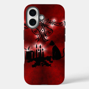Christmas Magic with Black Cat on Red Rainbow iPhone 16 Case