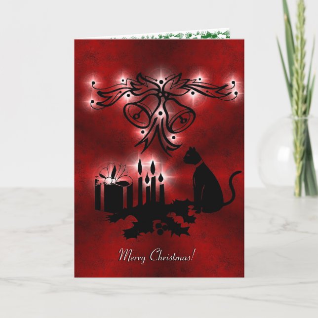 Christmas Magic with Black Cat on Red Rainbow Holiday Card (Front)