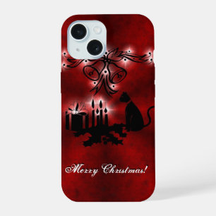 Christmas Magic with Black Cat on Red Rainbow iPhone 15 Case