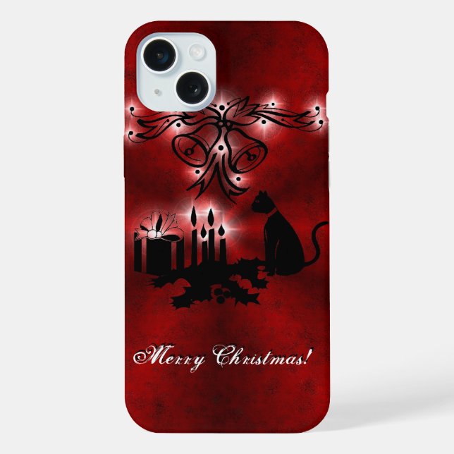 Christmas Magic with Black Cat on Red Rainbow iPhone Case (Back)