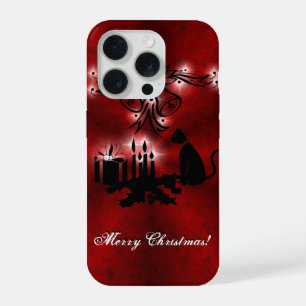Christmas Magic with Black Cat on Red Rainbow iPhone 15 Pro Case