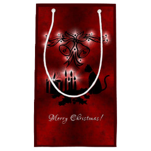 Christmas Magic with Black Cat on Red Rainbow Small Gift Bag