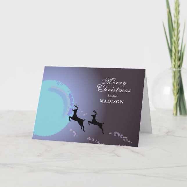 Christmas Magical Reindeer Moon with Name Holiday Card (Front)