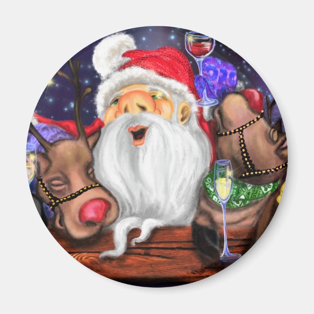Christmas Magnet Gift Santa and Reindeers Fun (Front)