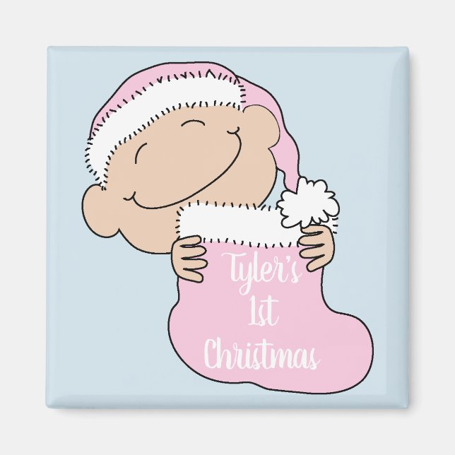 Christmas Magnet Square Babys First ChristmasPink (Front)