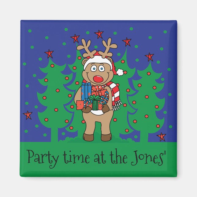Christmas Magnet Square Rudolph Presents (Front)