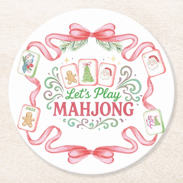 Christmas Mahjong | Monogram Round Paper Coaster (Front)