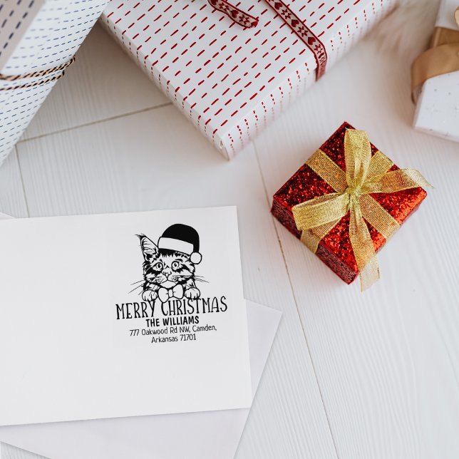 Christmas Maine Coon Cat Return Address  Rubber Stamp (Creator Uploaded)