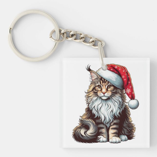 Christmas Maine coon cat, Santa Maine Coon kitten Key Ring (Front)