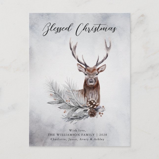 Christmas Majestic Rustic Deer Antlers Pine Cone  Holiday Postcard (Front)