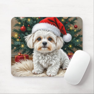 Christmas Maltese Dog On a Fur Pillow Mouse Pad