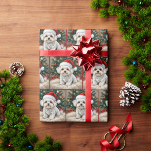 Christmas Maltese Dog On a Fur Pillow Wrapping Paper