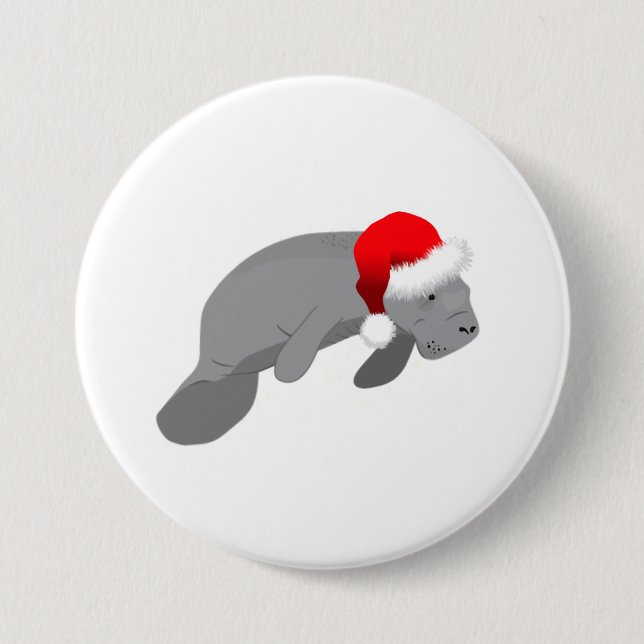 Christmas Manatee Funny Sea Cow With Santa Hat 7.5 Cm Round Badge (Front)