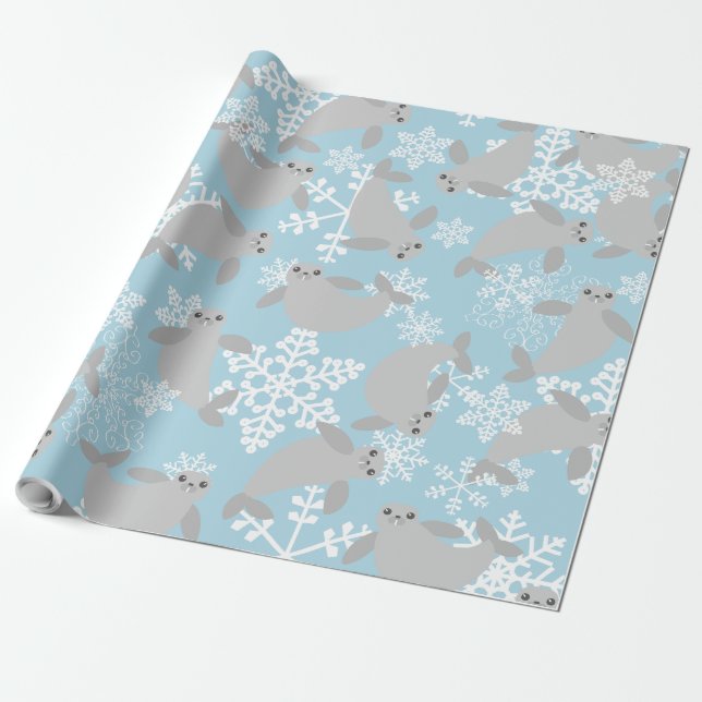 christmas manatee winter blue snowflakes  wrapping paper (Unrolled)