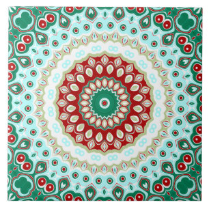 Christmas Mandala in Red, Green, and Frosted Blue Ceramic Tile