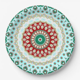 Christmas Mandala in Red, Green, and Frosted Blue Paper Plate